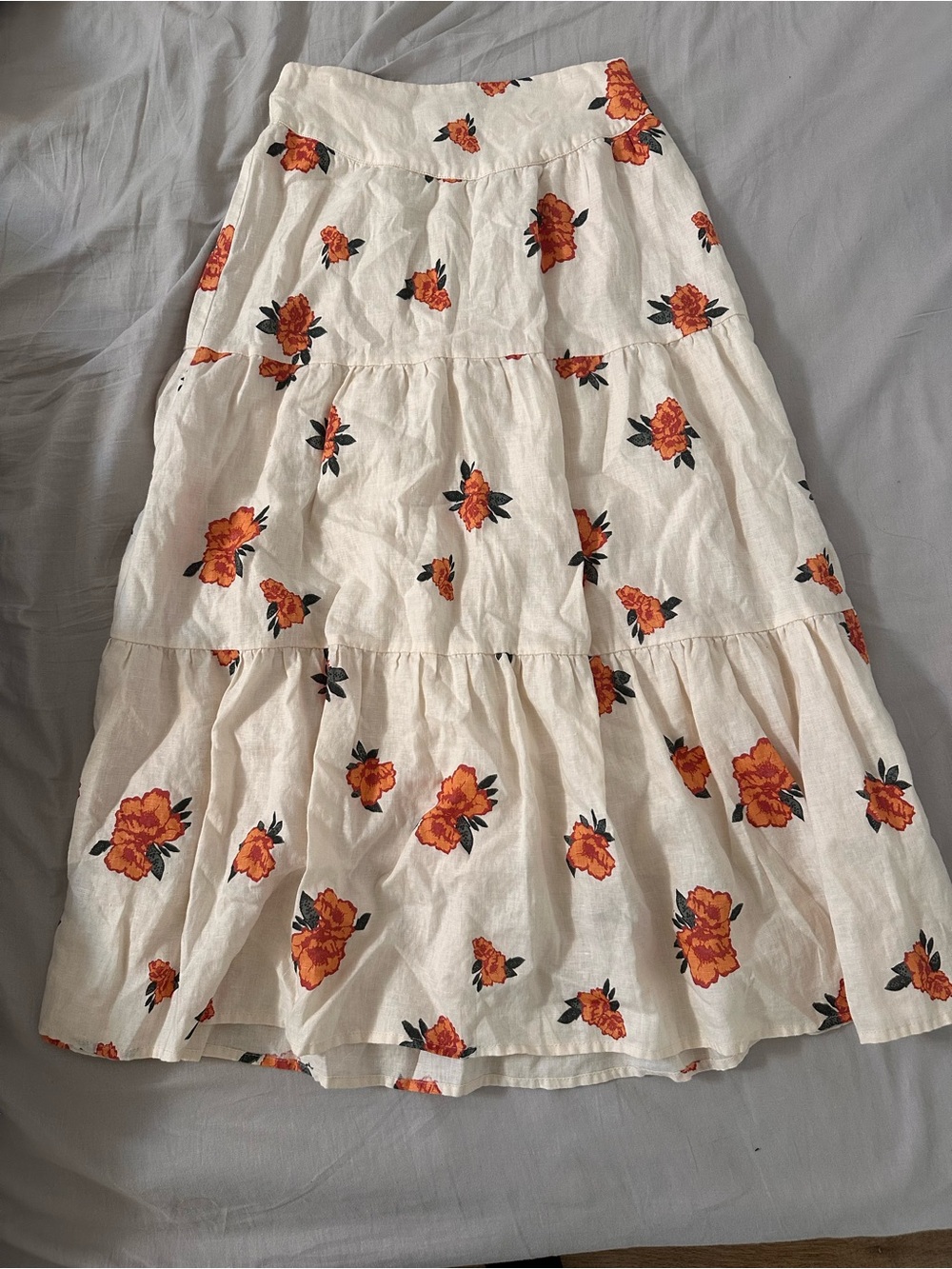 Women's White Tiered Midi Skirt with Orange Floral Print